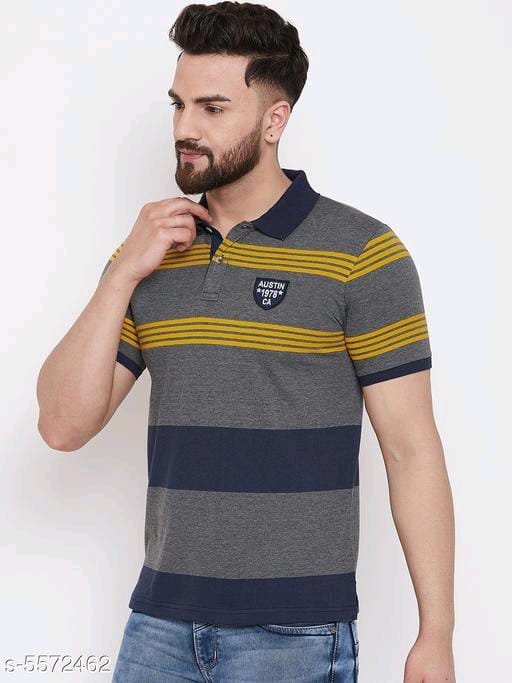 Austin Wood Men's Grey Striped Polo Neck T-shirt - L