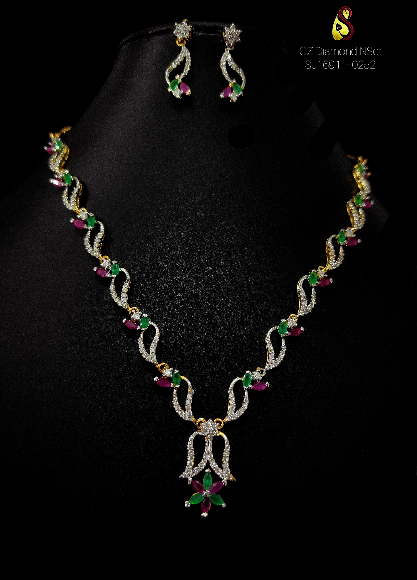 ShivaaY Diamond Necklace Set  - Two Tone, Ruby Emerald 
