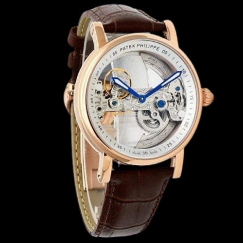 Patek Philippe Automatic Rose Gold Transparent Dial Leather Strap 