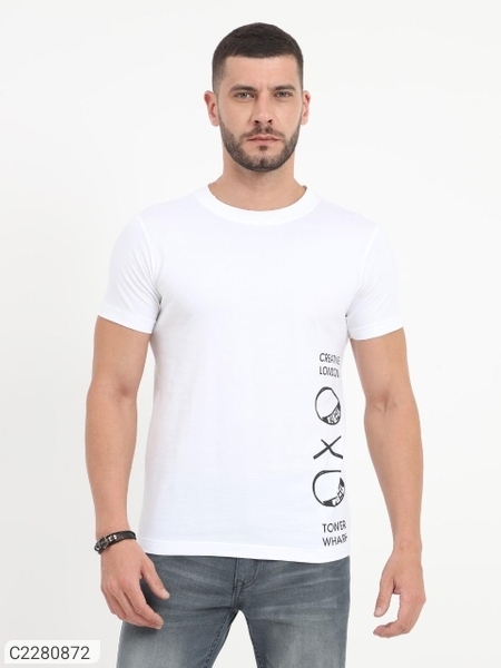Cotton Printed Half Sleeves Round Neck Mens T-Shirt - White, XL