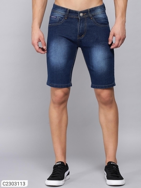 Denim Solid Regular Fit Mens Shorts - Dark Blue, 34