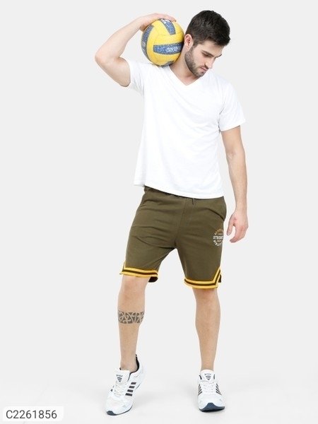 Cotton Blend Solid Regular Fit Mens Sport Shorts - Olive, XL