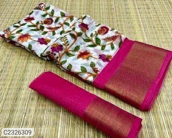 Elegant Printed Cotton Blend Saree With Zari Border - Pink