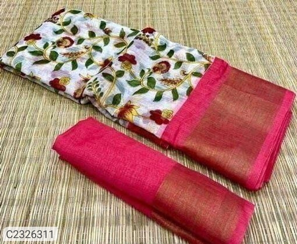 Elegant Printed Cotton Blend Saree With Zari Border - Red
