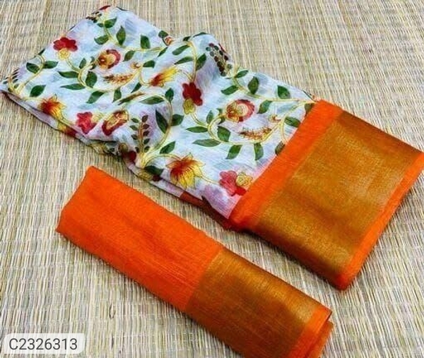 Elegant Printed Cotton Blend Saree With Zari Border - Orange