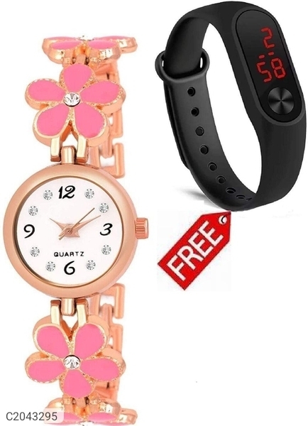 Fancy Metal Analog Watch With LED Band - Pink