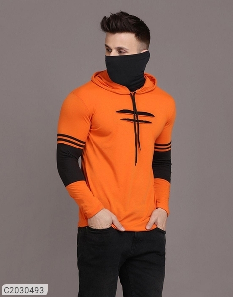 Cotton Solid Full Sleeves Hooded T-Shirt - Orange, L
