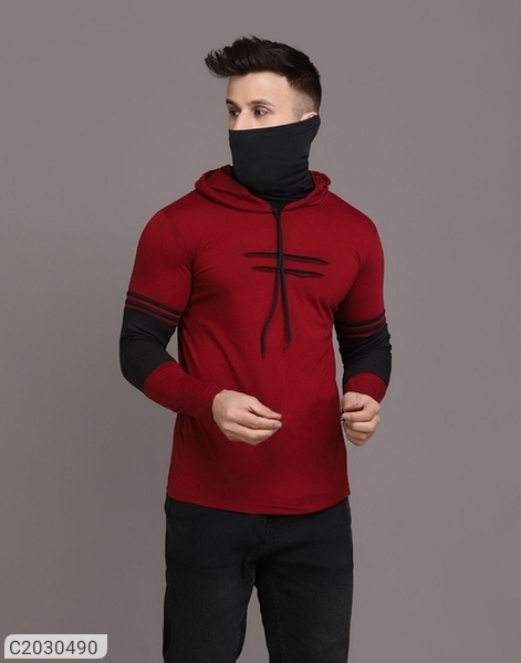 Cotton Solid Full Sleeves Hooded T-Shirt - Maroon, S