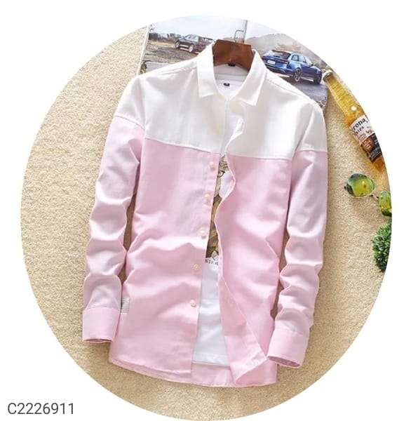 Cotton Blend Color Block Regular Fit Casual Shirt - Pink, M