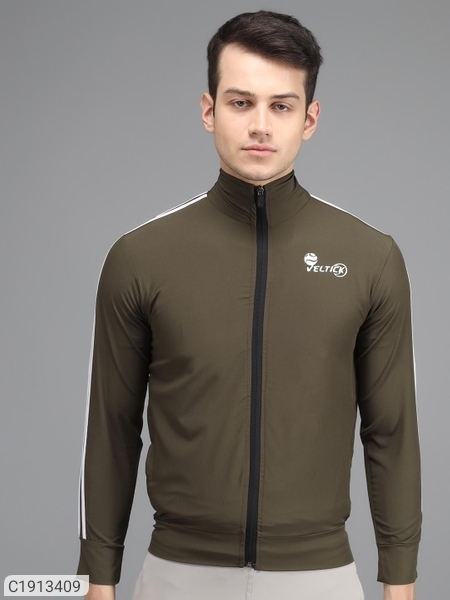 Lycra Solid Full Sleeves Slim Fit Mens Sports Jacket - Olive, M