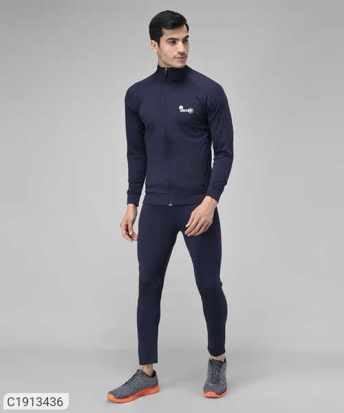Lycra Solid Full Sleeves Regular Fit Mens Track Suit - Navy Blue, M