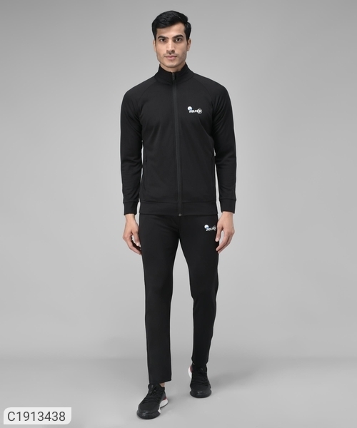 Lycra Solid Full Sleeves Regular Fit Mens Track Suit - Black, XL