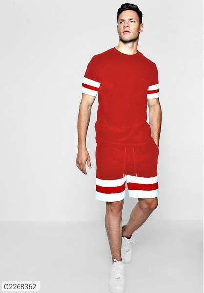 Polyester Solid Active T-Shirt with Shorts - Red, L