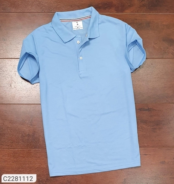 Cotton Solid Half Sleeves Polo T-Shirts - Blue, M