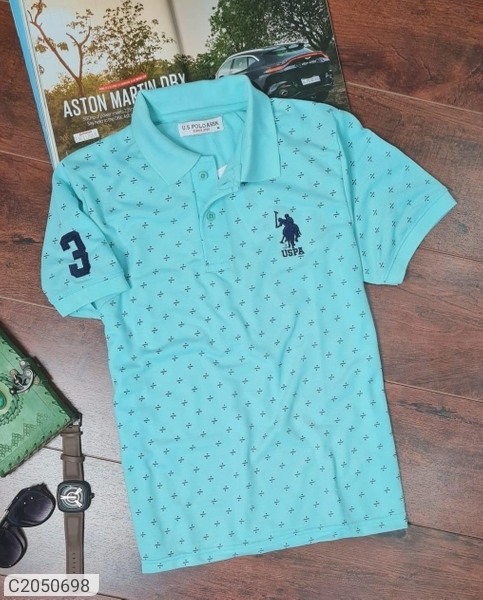 Cotton Printed Half Sleeves Polo T-Shirts - Blue, XXL
