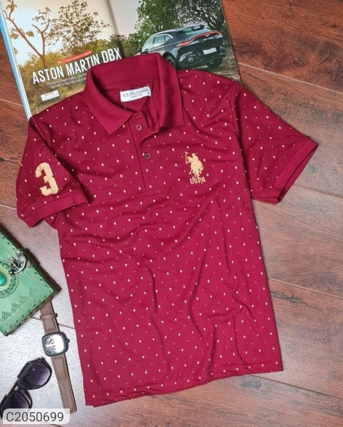 Cotton Printed Half Sleeves Polo T-Shirts - Maroon, M