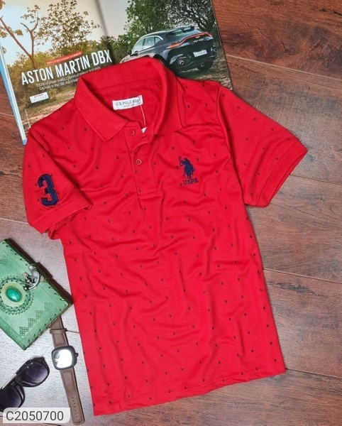 Cotton Printed Half Sleeves Polo T-Shirts - Red, XL