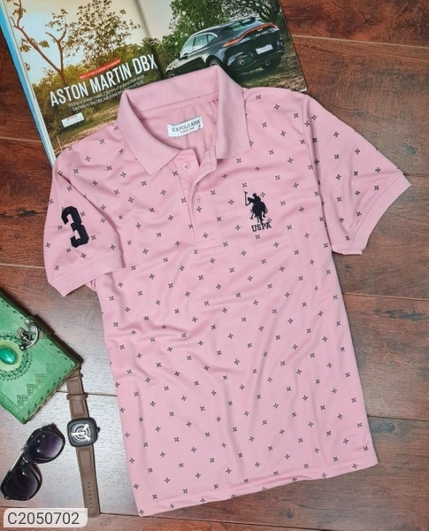 Cotton Printed Half Sleeves Polo T-Shirts - Pink, XXL