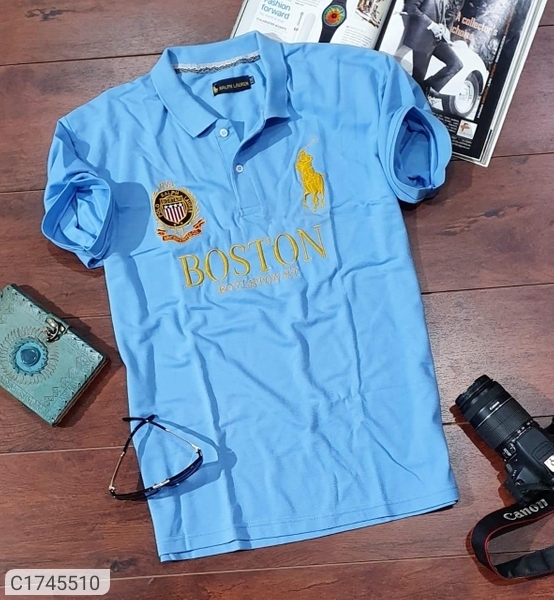 Poly Cotton Printed Half Sleeves Plus Size Polo T-Shirt - Blue, XXL