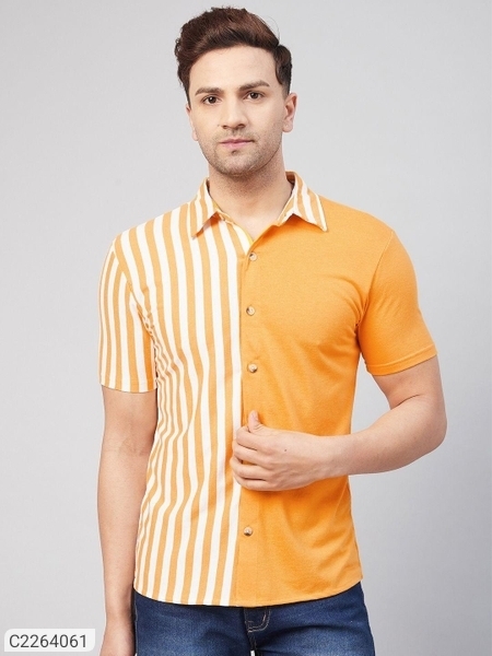 Gritstones Cotton Stripes Half Sleeves Mens Casual Shirt - Orange, M
