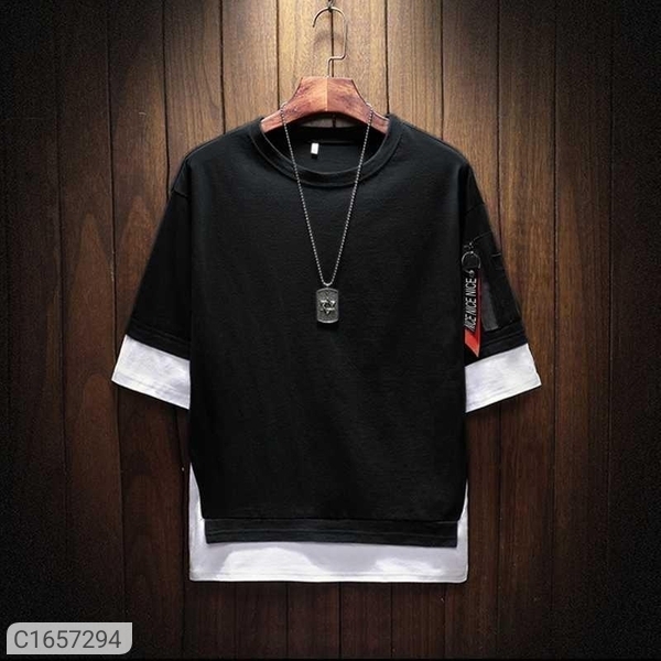 Cotton Blend Solid/Stripes Half Sleeves T-Shirts - Black, S