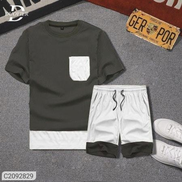 Cotton Solid Half Sleeves Regular Fit Track Suit - Grey, L