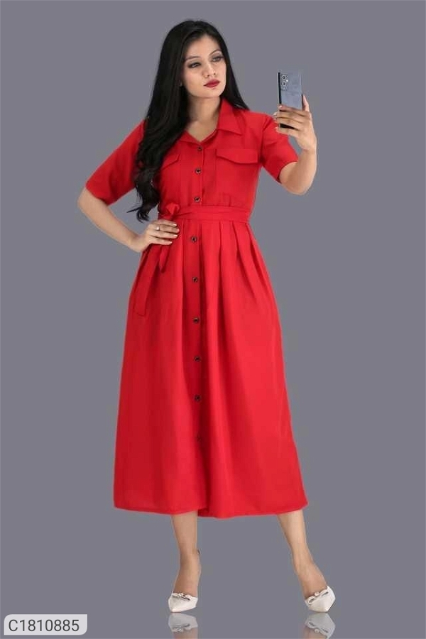 Women's Rayon Solid Midi Dress - Red, S
