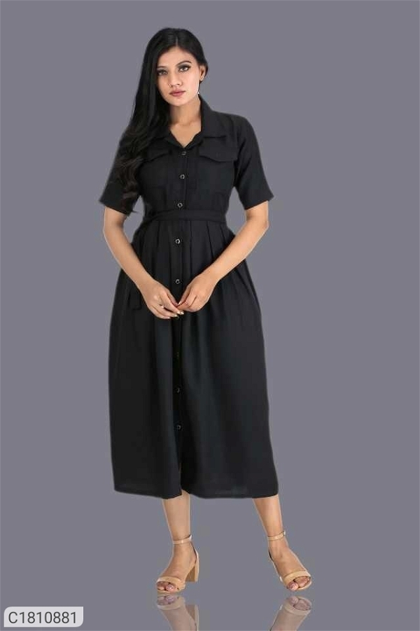 Women's Rayon Solid Midi Dress - Blsck, XXL