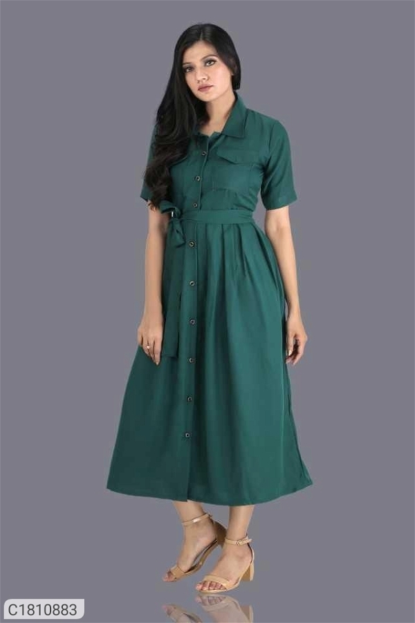 Women's Rayon Solid Midi Dress - Green, XL
