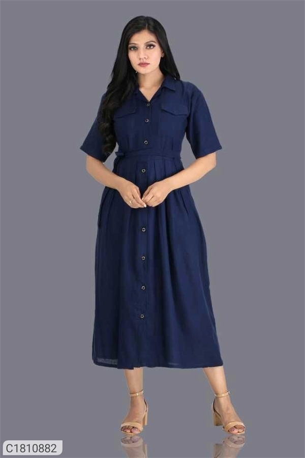 Women's Rayon Solid Midi Dress - Blue, L