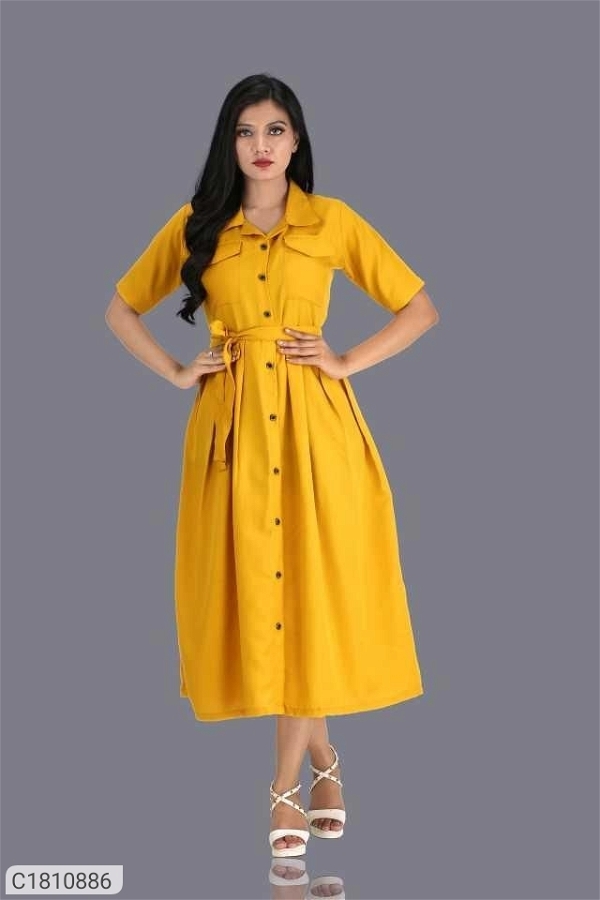 Women's Rayon Solid Midi Dress - Yellow, XXL