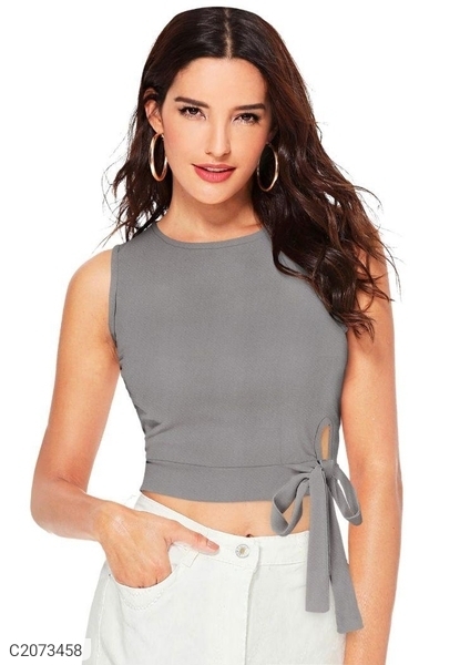 Women's Polyester/ Knitting Solid Tie-Up Crop Top - Grey, S