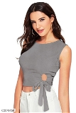 Women's Polyester/ Knitting Solid Tie-Up Crop Top - Grey, M