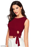 Women's Polyester/ Knitting Solid Tie-Up Crop Top - Maroon, XL