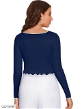 Women's Polyester/ Knitting Solid Full Sleeves Crop Top - Blue, M