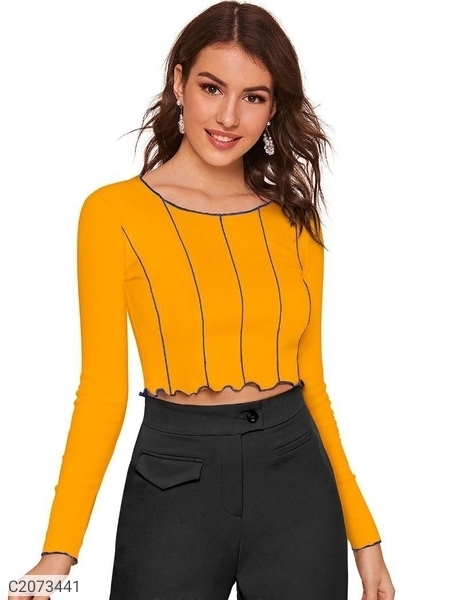 Women's Polyester/ Knitting Solid Full Sleeves Crop Top - Yellow, L
