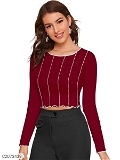 Women's Polyester/ Knitting Solid Full Sleeves Crop Top - Maroon, M