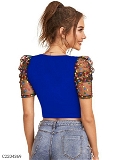 Women's Polyester (Knitted) Solid Puff Sleeves Crop Top - Blue, S