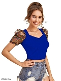 Women's Polyester (Knitted) Solid Puff Sleeves Crop Top - Blue, S