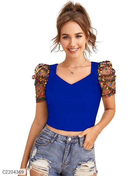Women's Polyester (Knitted) Solid Puff Sleeves Crop Top - Blue, L