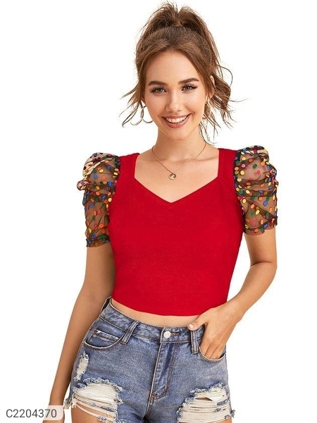 Women's Polyester (Knitted) Solid Puff Sleeves Crop Top - Red, S