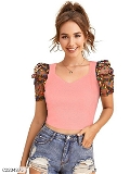 Women's Polyester (Knitted) Solid Puff Sleeves Crop Top - Red, S