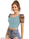 Women's Polyester (Knitted) Solid Puff Sleeves Crop Top - Teal, S