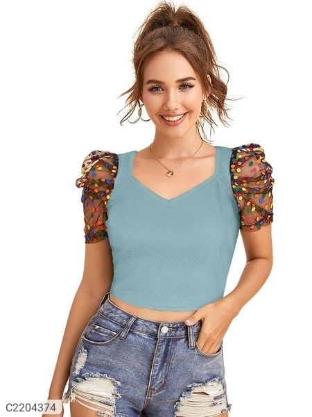 Women's Polyester (Knitted) Solid Puff Sleeves Crop Top - Teal, XL