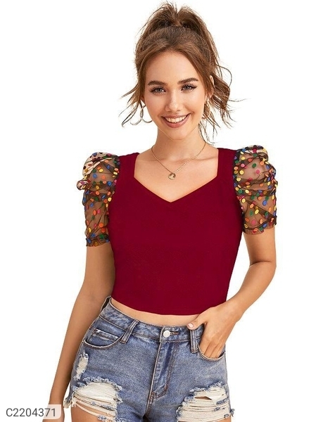 Women's Polyester (Knitted) Solid Puff Sleeves Crop Top - Maroon, L