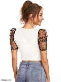 Women's Polyester (Knitted) Solid Puff Sleeves Crop Top - White, XL