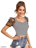 Women's Polyester (Knitted) Solid Puff Sleeves Crop Top - Grey, M