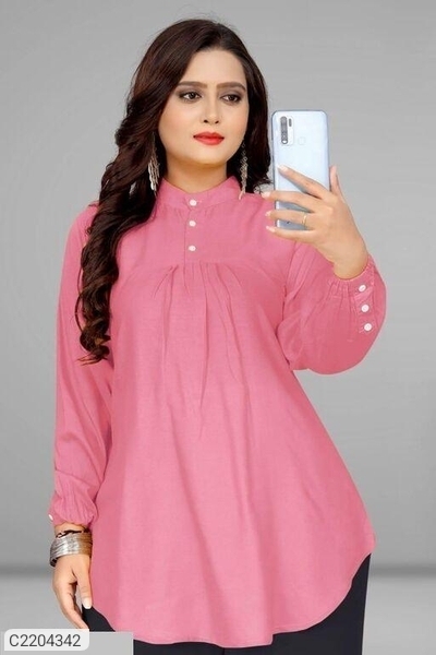 Women's Rayon Solid Mandarin Collar Top - Pink, S