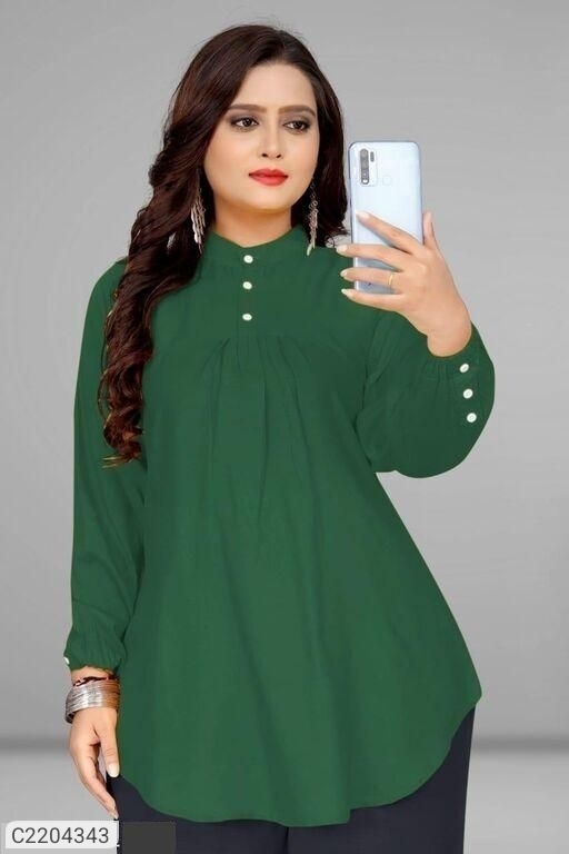 Women's Rayon Solid Mandarin Collar Top - Green, S