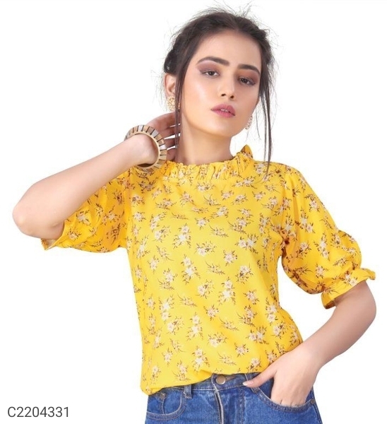 Women's Rayon Slub Floral Print Puff Sleeves Top - Yellow, M